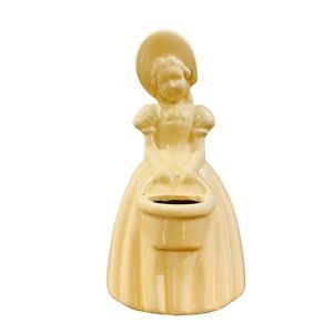 Vintage Ceramic Vase Girl in Dress and Bonnet with Basket Yellow USA Pottery